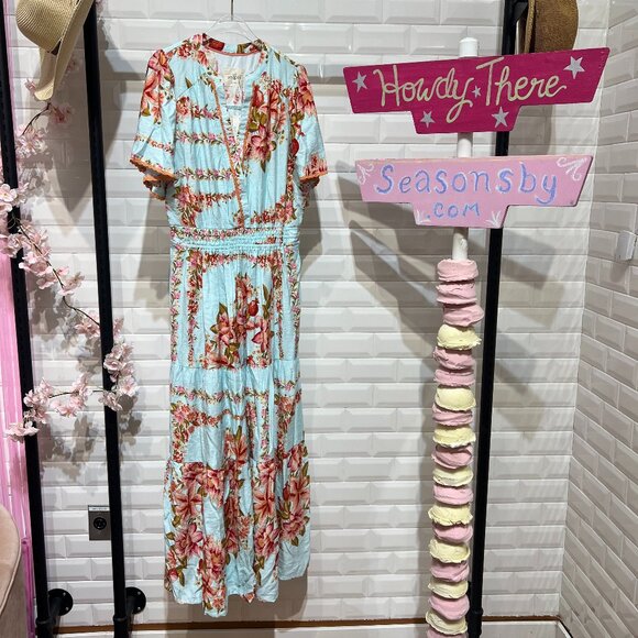 Umgee Dresses & Skirts - NO LINING FLORAL BORDER PRINT TIERED MIDI DRESS WITH LACE TRIM DETAILS